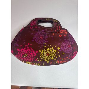 Boho Floral Neoprene Top-Handle Clutch Purse – Brown Pink Purple, Zip